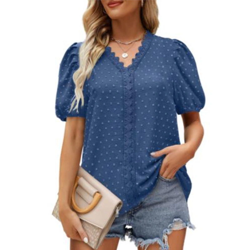 Female Tops and T-Shirt Custom Cotton Lace Shirt Short Sleeve Compression Embroidered Shirt