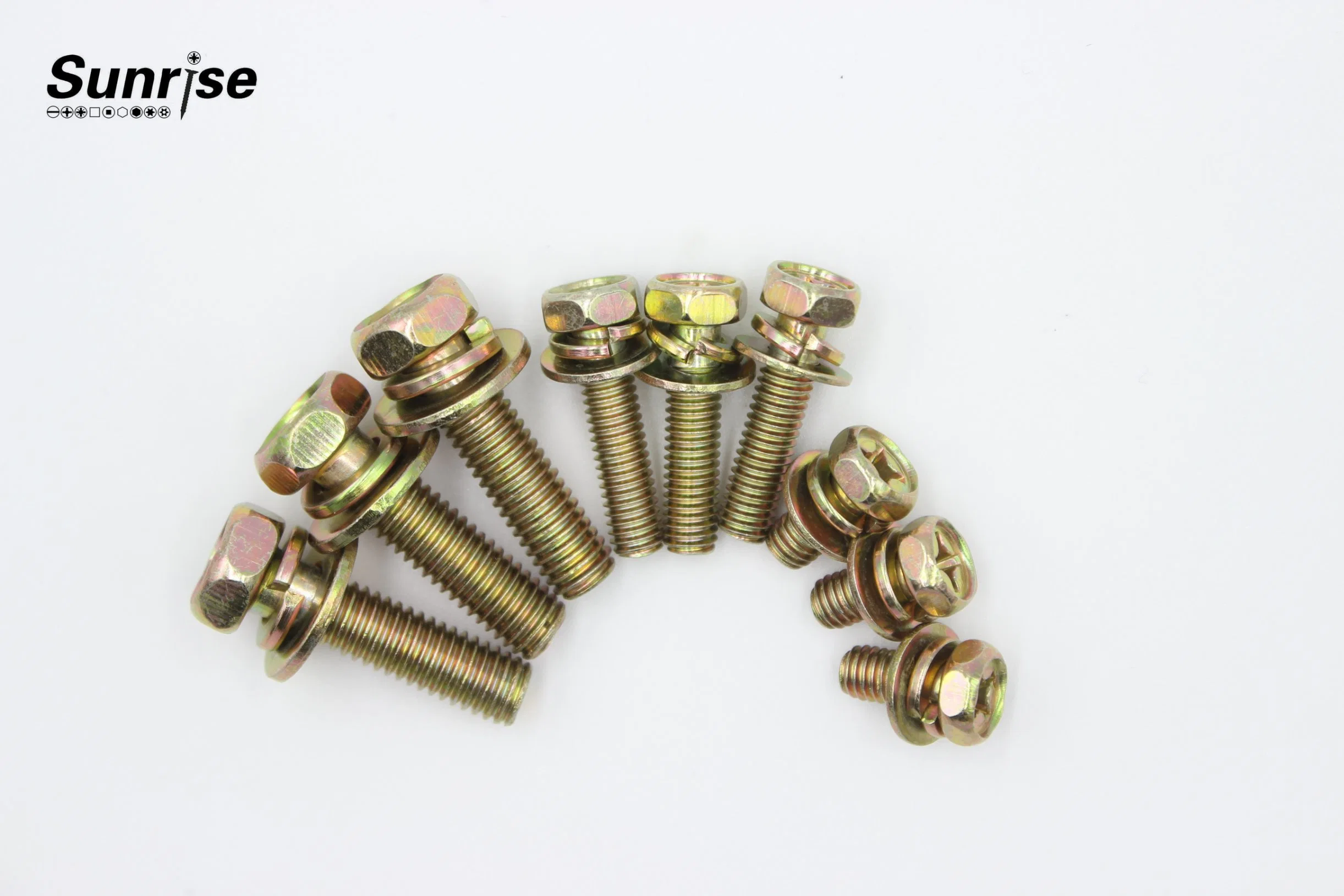 China Manufacturer Hex Head Combination Yellow Zinc Plated Sem Screw with Spring and Flat Washer