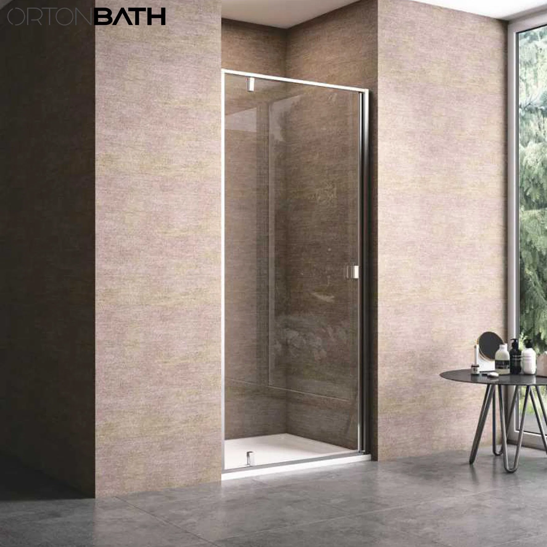 Ortonbath Corner Recessed One Side Pivot Framed Tempered Glass Bathroom Shower Screen Enclosure Shower Bathroom Enclosure Door with Cabin Shower Base Tray