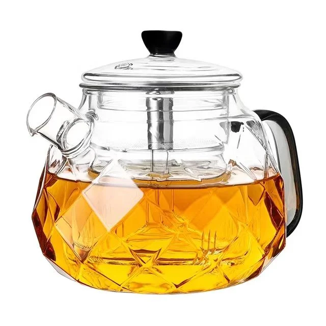 Newest Most Popular Diamond Rhomubus out Look 850ml Glass Tea Pot Kettle Steaming Boiling Glass Pot 6 Cups Glass Tea Set