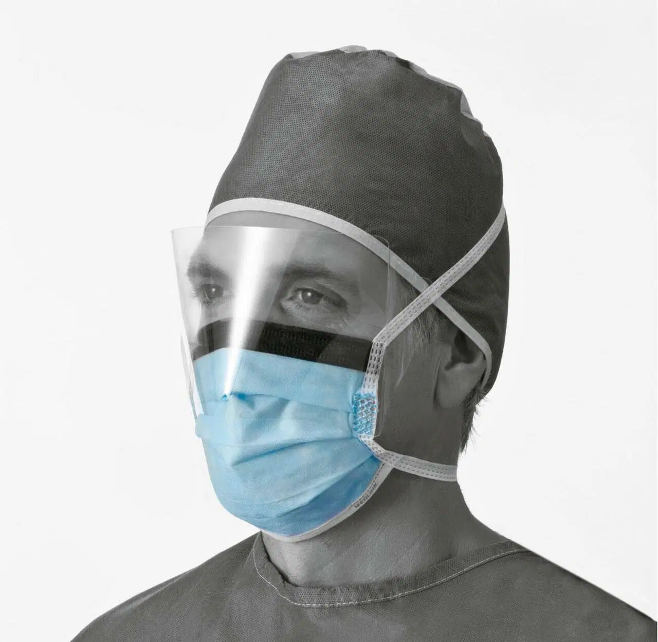 3 Layers Disposable Surgical Masks Tie-on with Anti Fog Plastic Shield