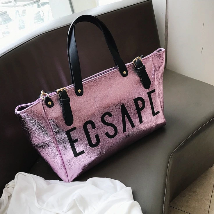 New Women's Metallic Laser PU Travel Bag Large-Capacity Letter Printing Slant Across Shoulder Tote Bag