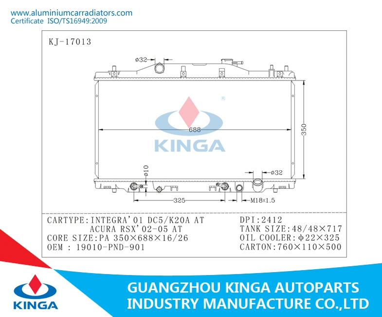 Auto Spare Parts Radiator for Honda Integra&prime; 01 OEM 19010-Pnd-901