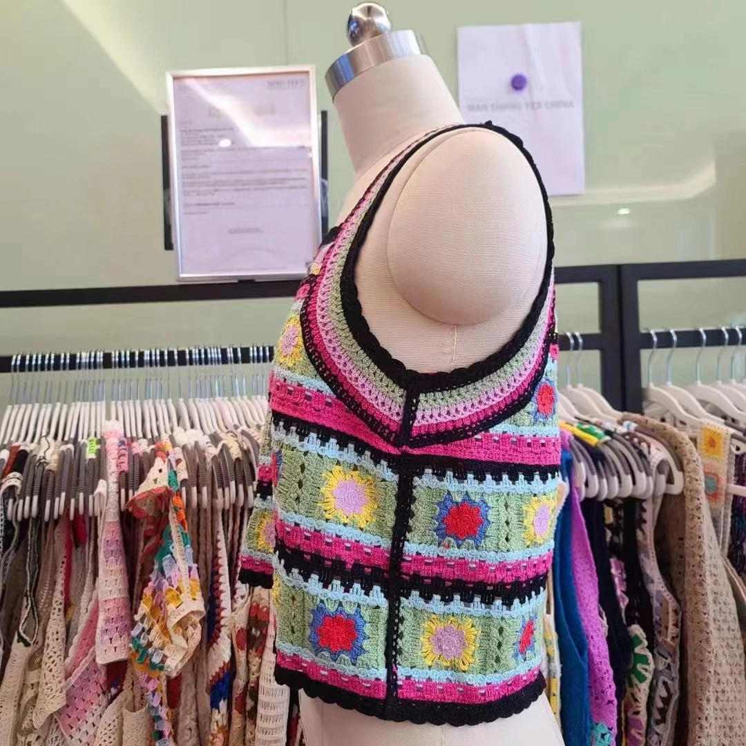 Señoras coloridas prendas de ropa de moda Primavera Verano tejidos acrílicos Crochet Chaleco de mujer Top