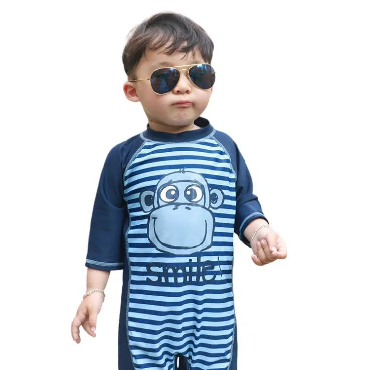 Monkey Stripe Print Quick Dry Sun Protection One -Piece Boys Swimsuit