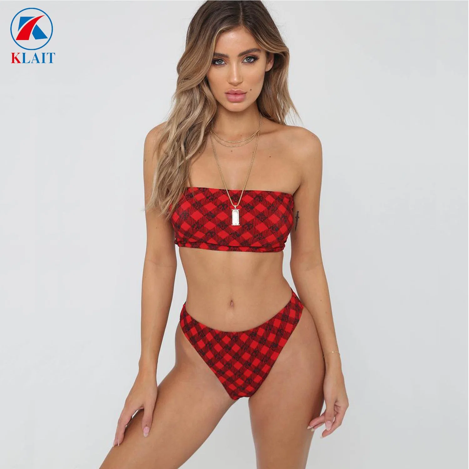 Red Checked Print Two Piece Plaid Sexy High Cut Bandeau Swimsuit Bikini