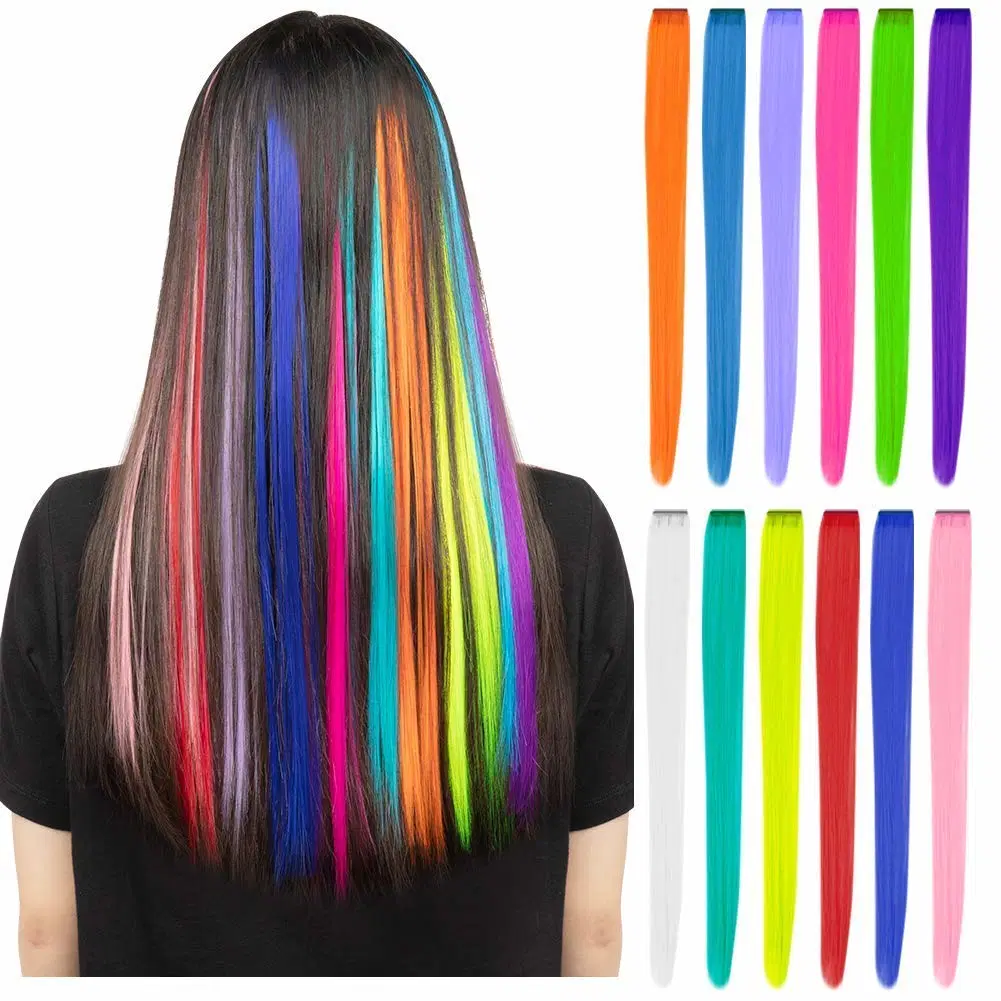 12 PCS Clip Party Highlights Long Straight Synthetic Hairpieces Colored Hair Extensions