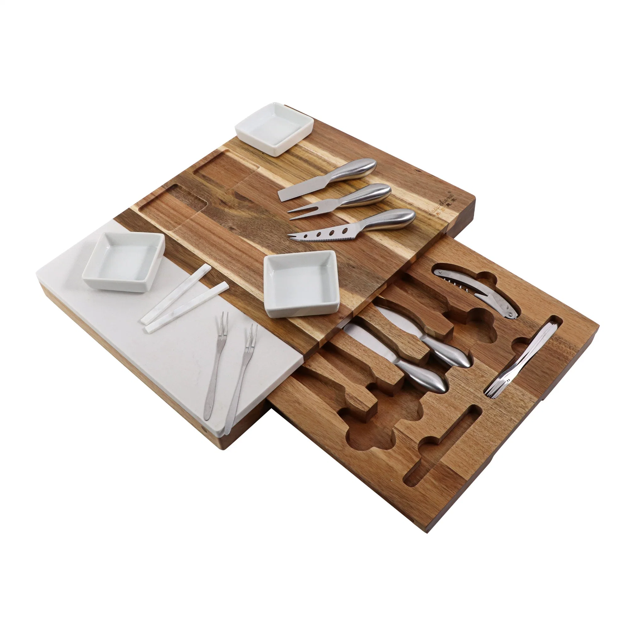 Juego de tabla de quesos y cuchillo Acacia Madera y mármol Bandeja Charcuterie Platter