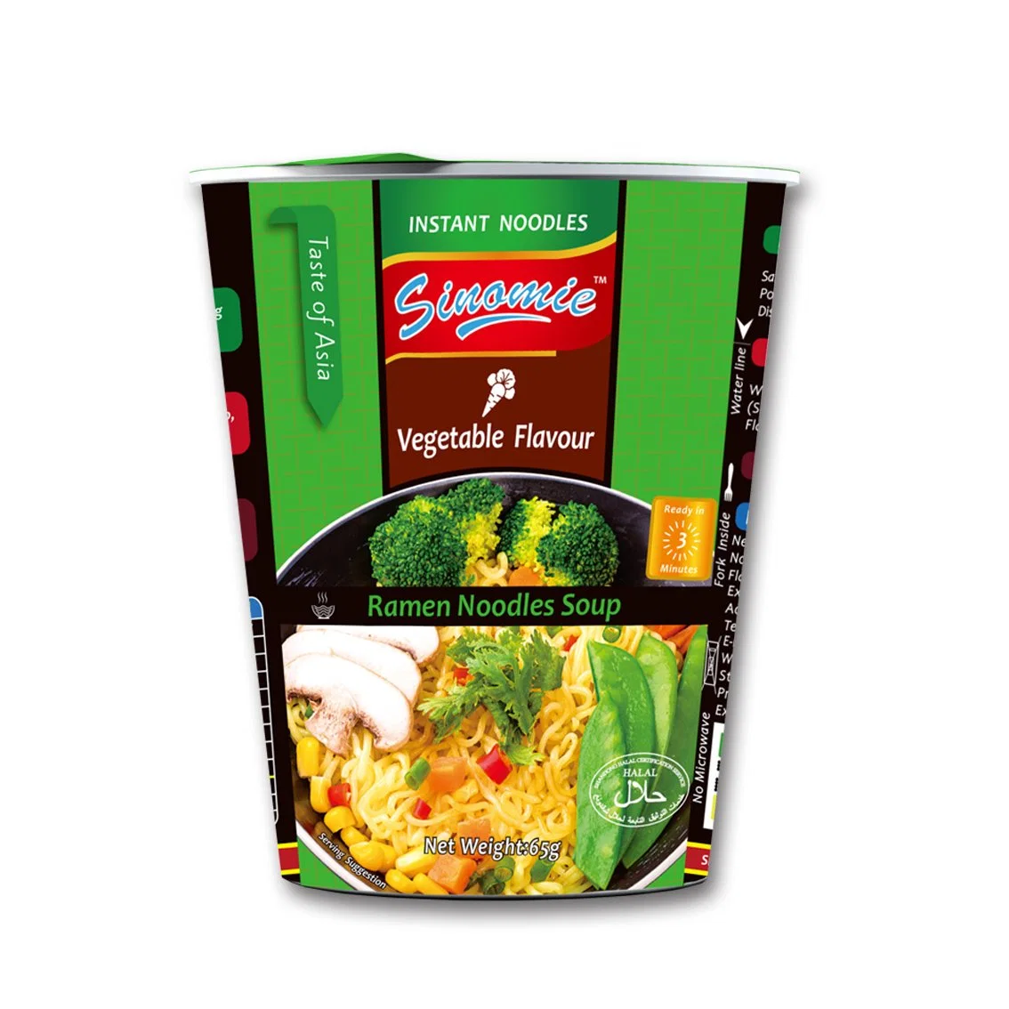 Sinomie Brand Chinese Manufacturer Wholesale Halal Customized Vegetable Flavor Cup Instant Soup Ramen Noodles