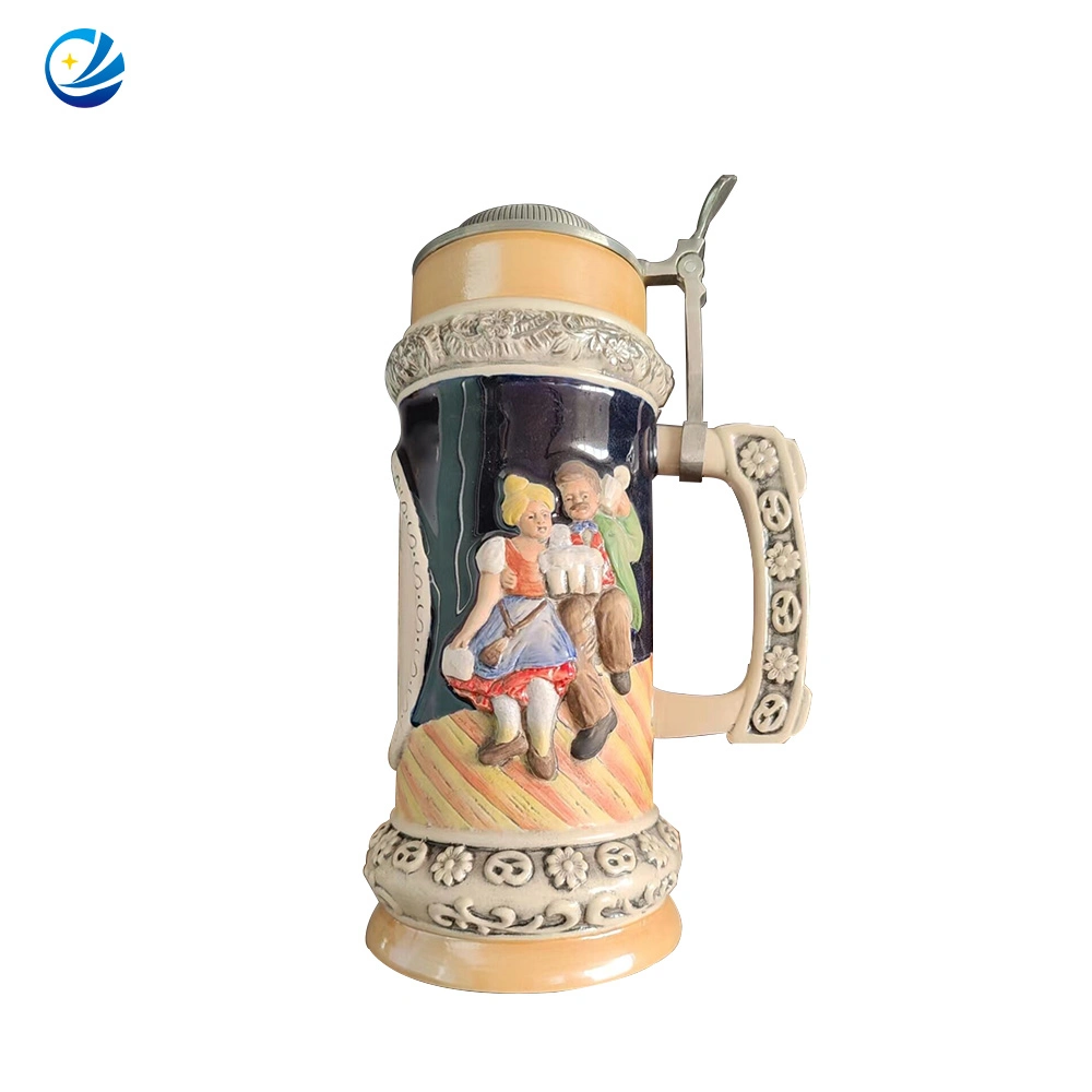 Fashion Carved German Ceramic Beer Steins German Carnival Collectible Ceramic Beer Stein with Ornate Metal Lid Custom Reusable Enamel Unicorn Wine Cup Beer Mug