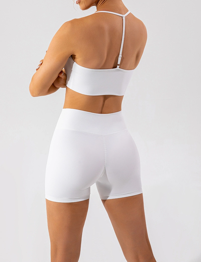 Ensemble de soutien-gorge de sport en tricot côtelé pour femmes avec short de cycliste à taille en V, ensemble de gymnastique, de fitness et de yoga.