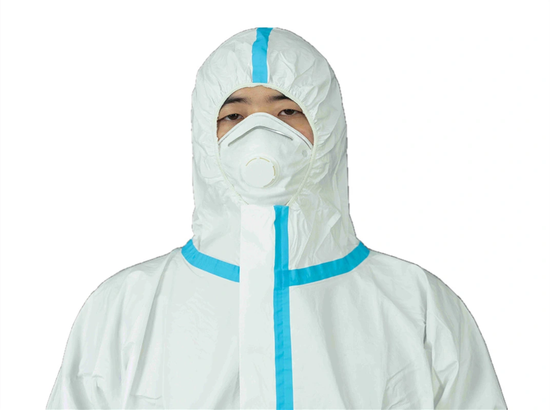 Cat. III Type 4/5/6 Microporous Disposable Chemical Protective Clothing with Blue Tape White Coverall Anti-Static with Hood