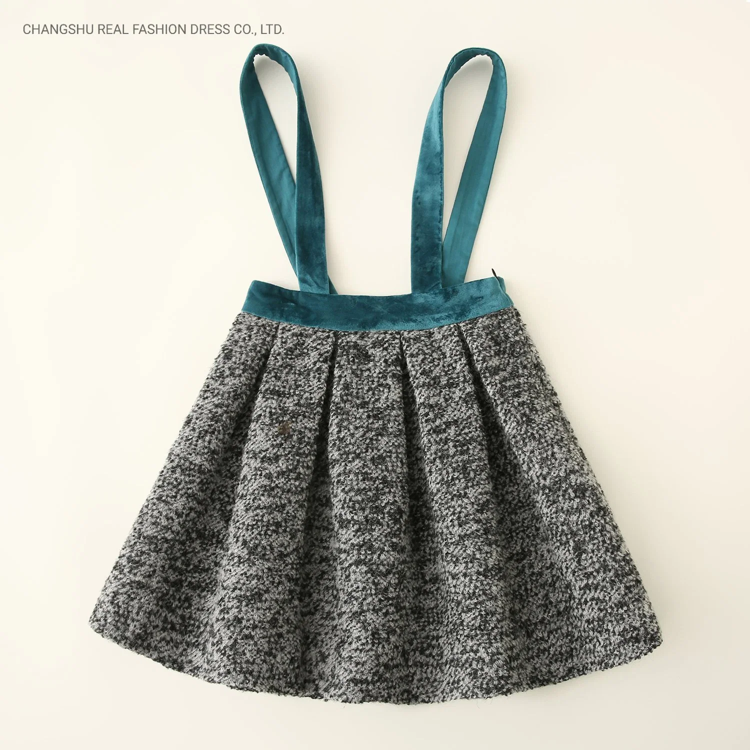 Girl Toddle Kids Woven Skirt Wear with Blue Velour Shoulder Straps and Waistband Zipper and Button