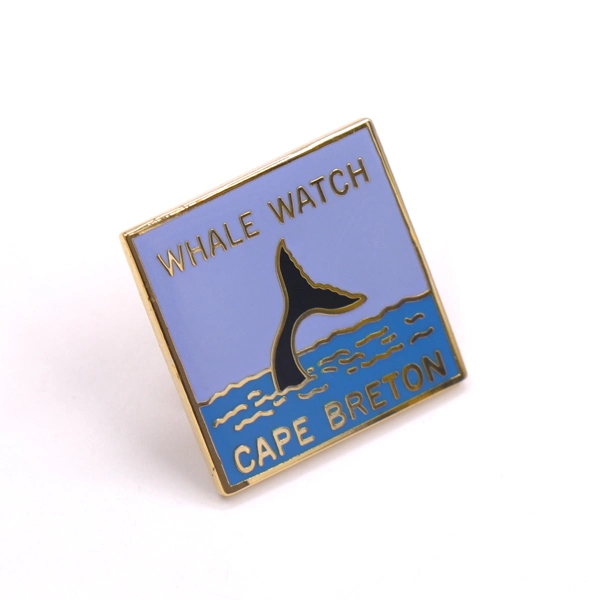 China Factory Customized Square Gold Plated Hard Enamel Metal Alloy Brand Logo Symbol Emblem Badge Wholesale Fashion Blue Ocean Whale Sea Animal Topic Lapel Pin