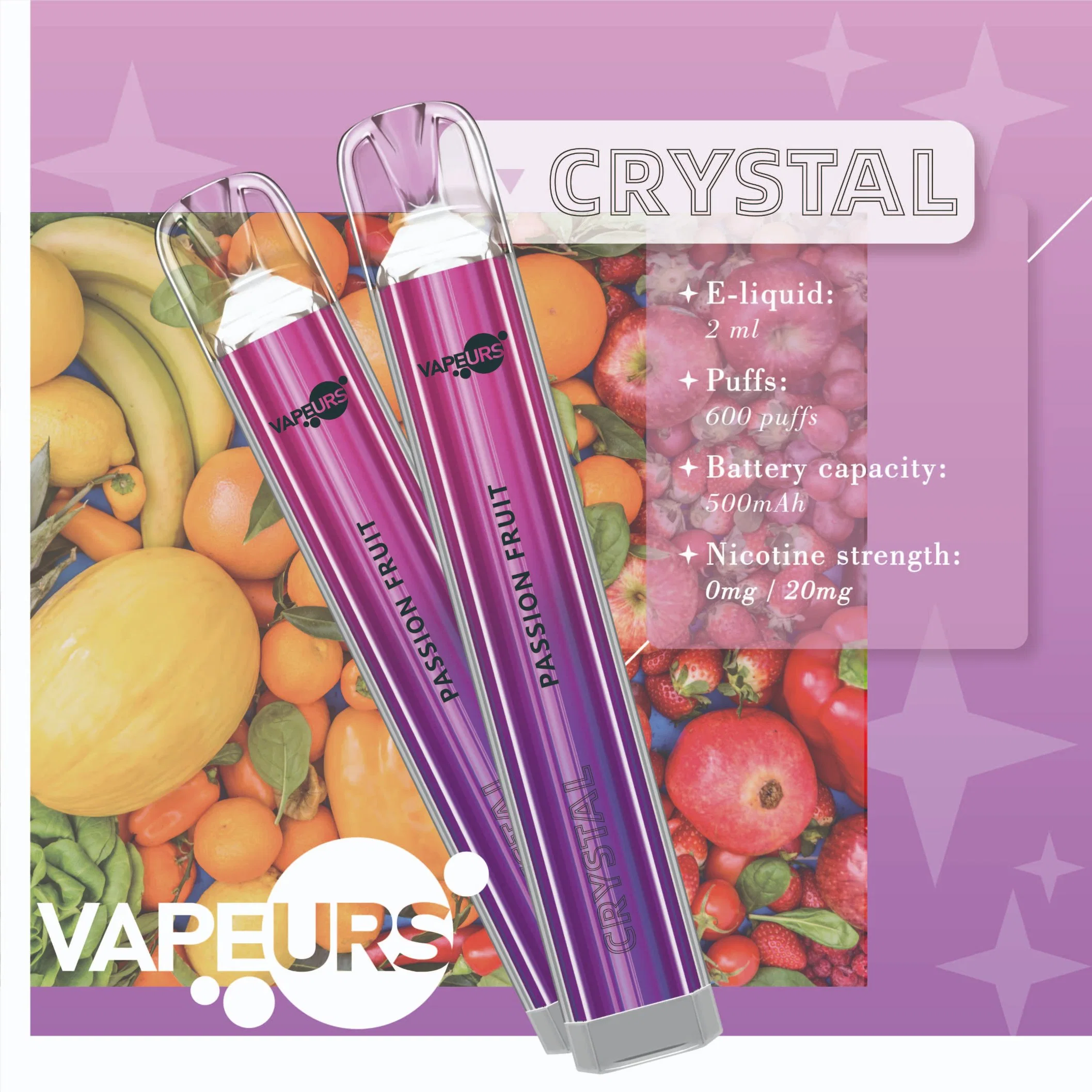 Vapeurs Crystal 600 Puffs Einweg Vape Pen Smoking Pipe Hookah Elektronische Zigarette