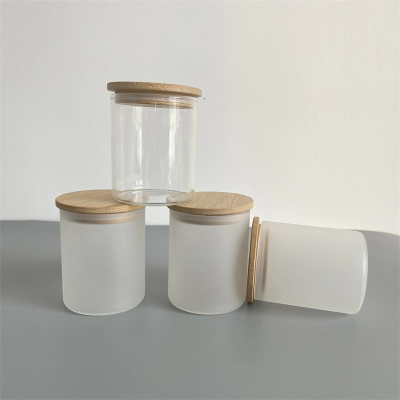 9oz 270ml Blank Sublimation Clear Frosted Glass Storage Containers Food Candle Jar Candle-Making Glass Individual White Box Package with Bamboo Wooden Lids