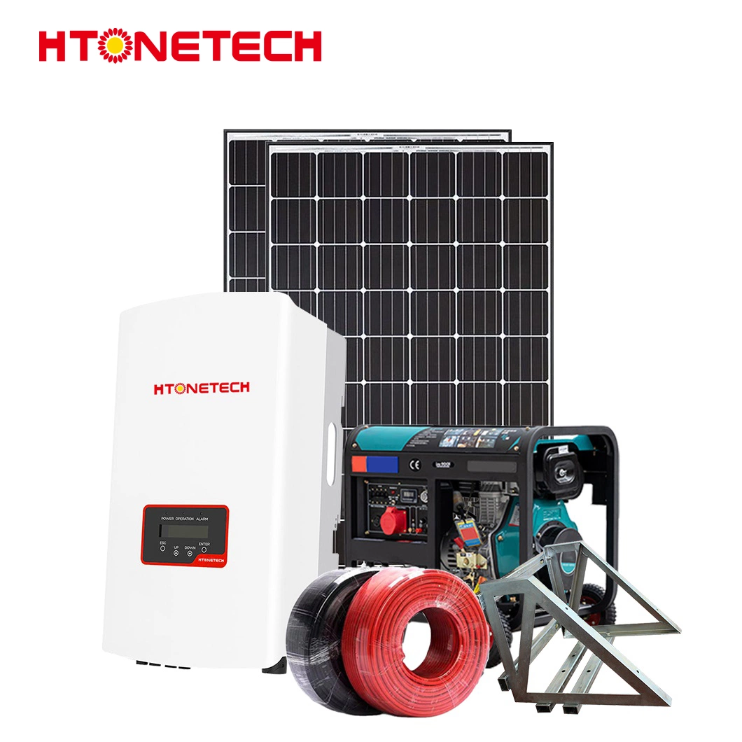 محول هجين للطاقة الشمسية من Htonetech بقوة 200 واط للوحة أحادية البلورات الشمسية نظام الطاقة الشمسية بقدرة 300 واط في الصين بقدرة 15 كيلوفولت أمبير، ثلاثي الأطوار صامت مولد الديزل