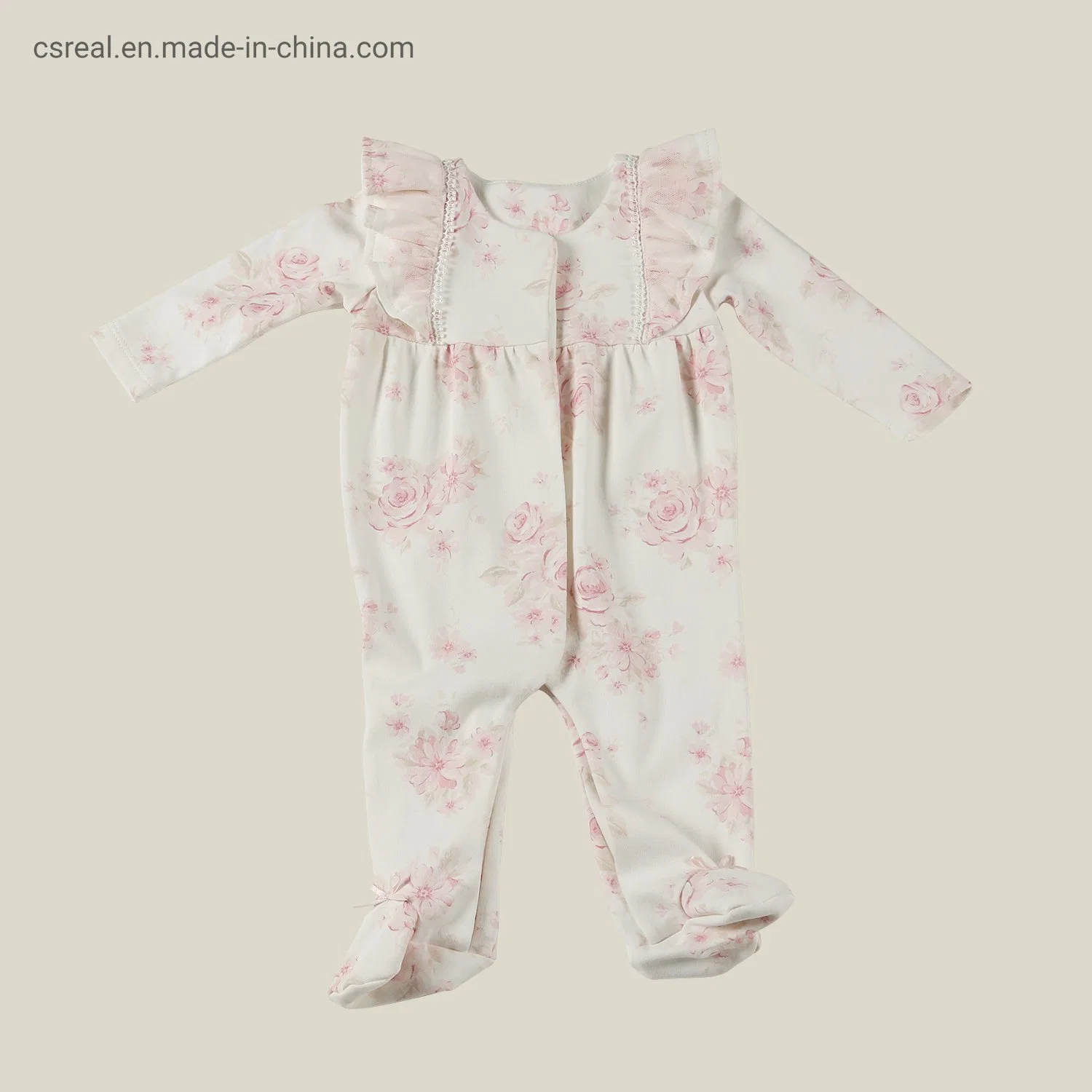 Newborn Children Comfortable Clothing Girl Baby Knitted Ivory Pink Print Footed Coverall Romper Wear