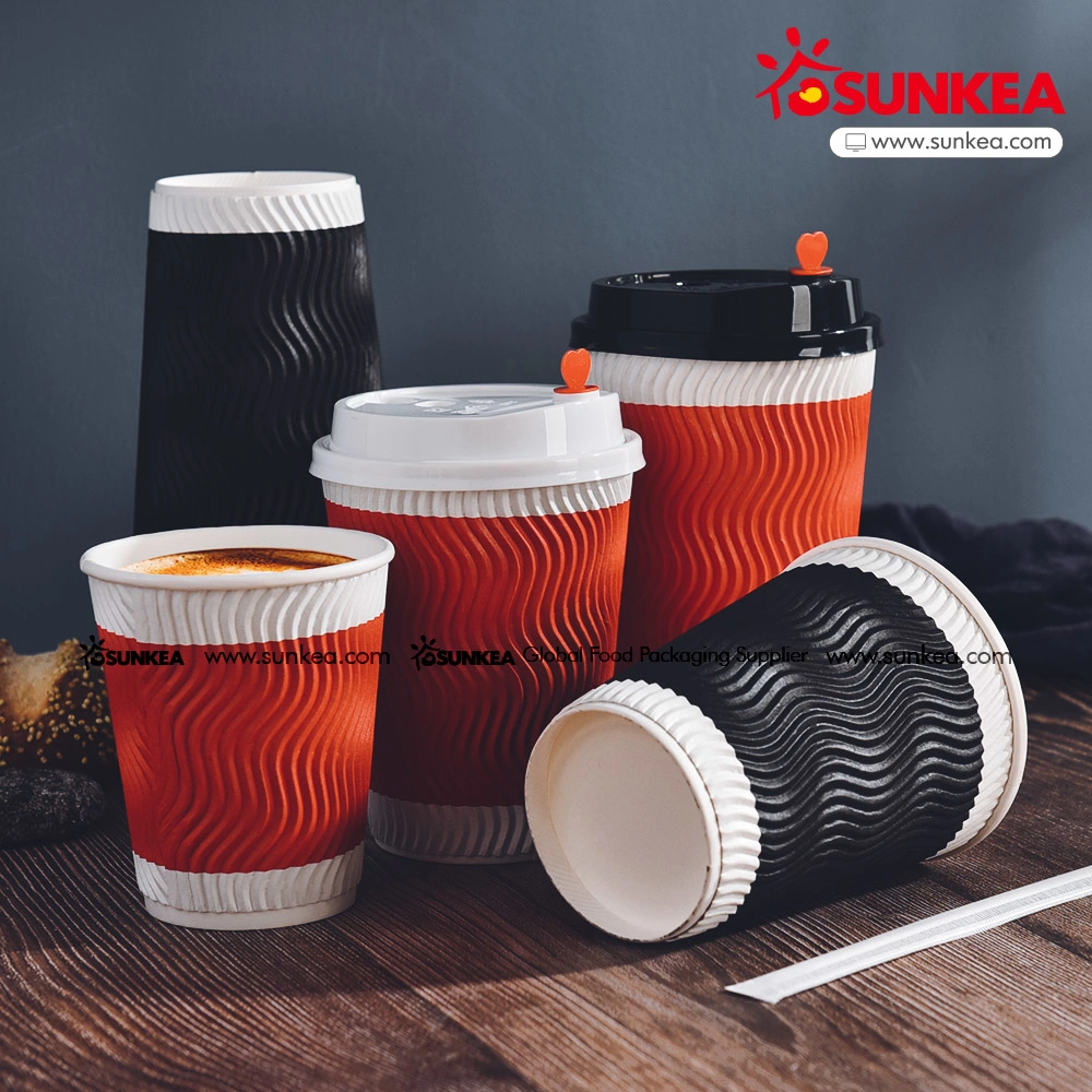 Custom Printing Disposable Takeout Hot Coffee Tea Beverage Drinks 3 Layer Ripple Wave Wall Paper Cup