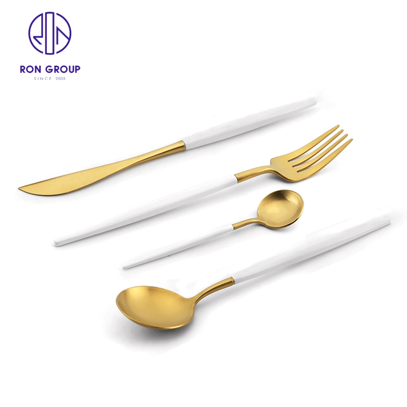 Western Restaurant Hotel Kitchen Silverware Knife Spoon Fork Solid White Handle with Gold Flatware Stainless Steel Cutlery