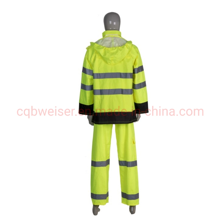 Verde fluorescente dos piezas resistentes al agua Rainwear reflectante adultos traje de lluvia