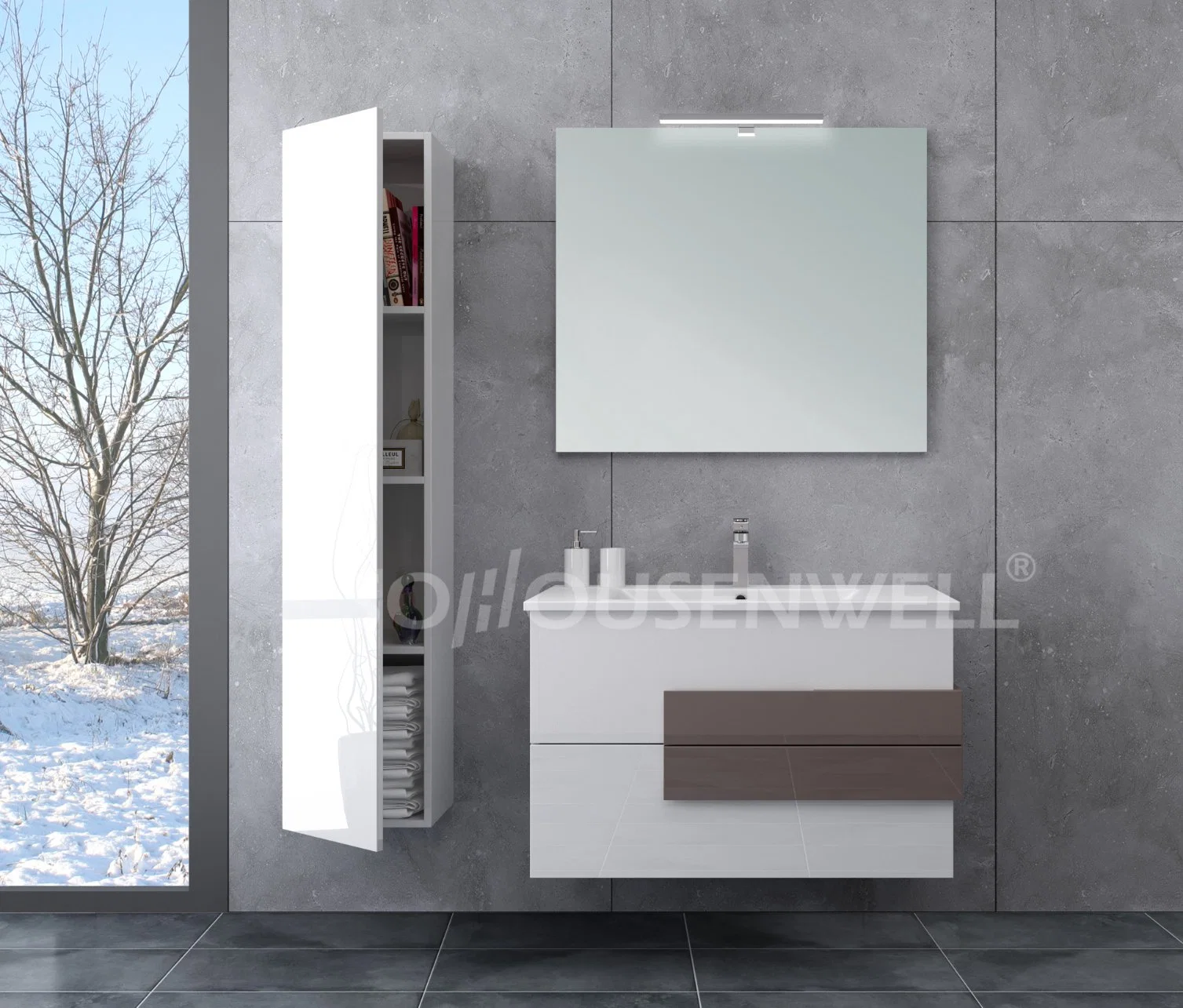 Wall Mounted High Gloss Painted Bathroom Furniture with LED Mirror