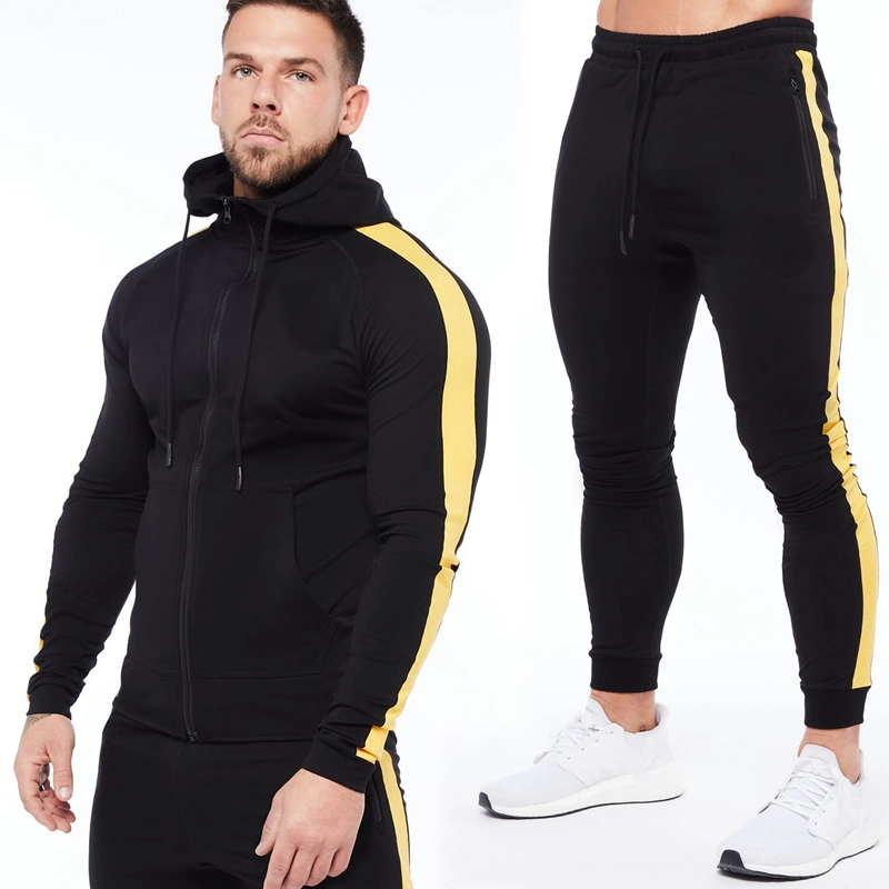 Tianchen Factory Wholesale/Supplier Chaqueta de gimnasio de algodón de corte ajustado con cremallera con capucha Sudar Pants 2pcs conjunto ajustado trajes deportivos para hombre Traje de fútbol a rayas