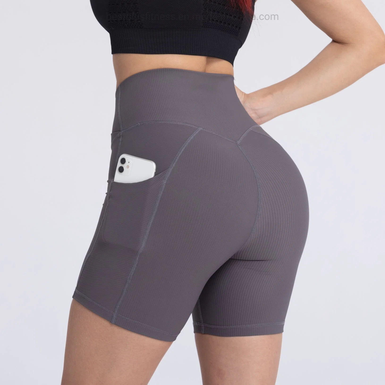 Übung Elastische Hohe Taille Nahtlose Enge Fitness Sporthose Yoga Shorts tragen mit Seitentasche