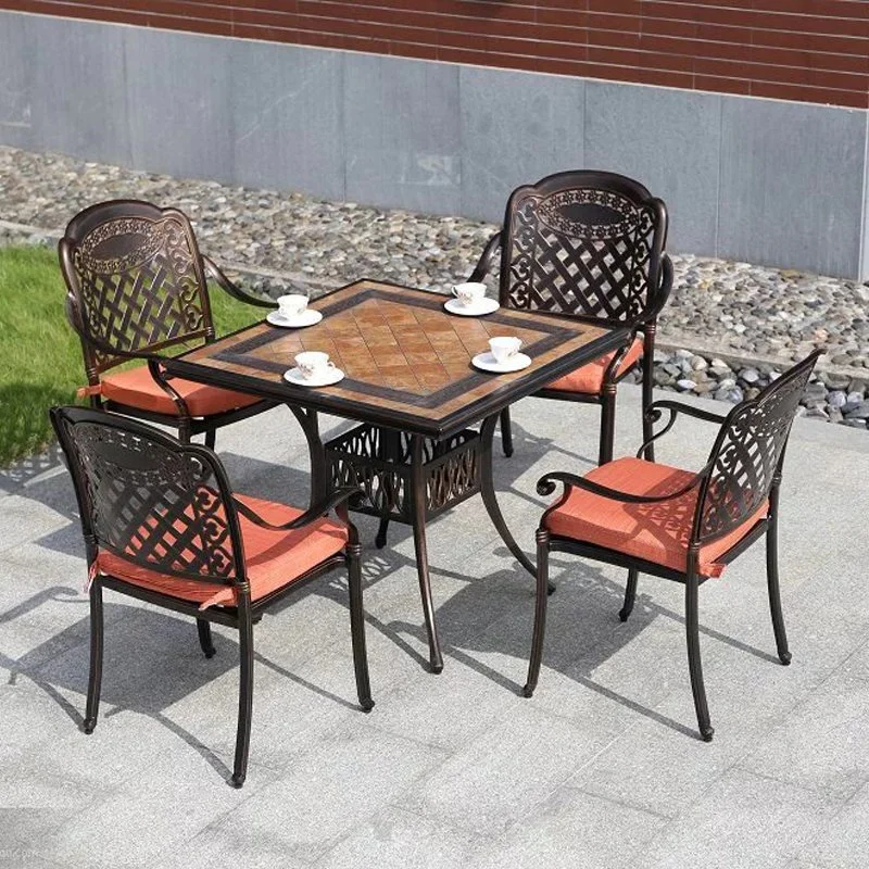 Muebles de exterior de aluminio fundido de estilo europeo bistró Patio 3 piezas Conjunto mesa y sillas con cubo de hielo color bronce