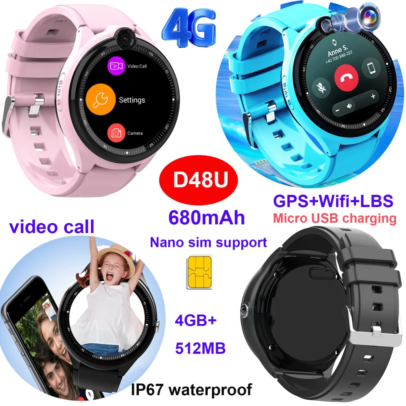 Новый разработанный 4G LTE IP67 водонепроницаемый точный позиционирование видеовызов Детские Smart Kids GPS Tracker Watch D48U