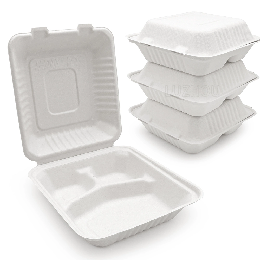 221*202*76mm 1000ml 8'' 3-Compartment Food Container Biodegradable Compostable Disposable Sugarcane Bagasse Pulp Lunch Box