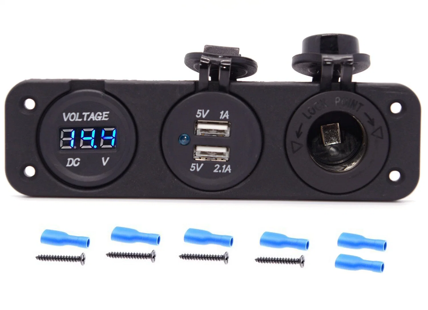 Triple Function Dual USB Charger + Blue LED Voltmeter Voltmeter + 12V Outlet Socket Panel Jack Marine for Digital Mobile Phone Tablet