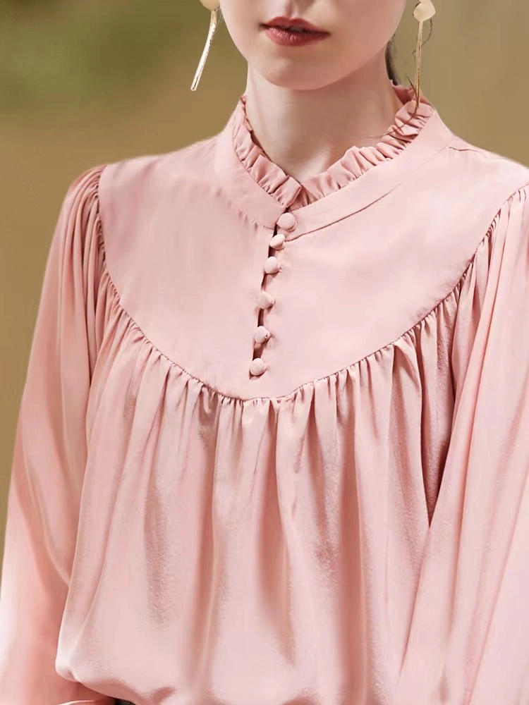 Ladies Unique Pink Color Loose Apparel Beatiful Western Style Ruffle Neck Blouse