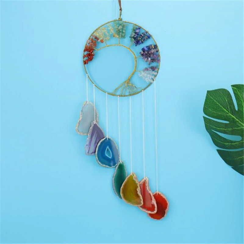 Outside Garden Home Decoration Tree of Life Agate Slice Wind Chime Wall Hanging Ornament