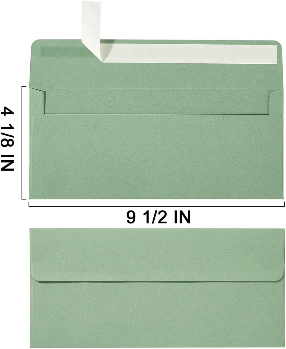 100 Pack Sage Green #10 Business Envelopes Self Seal Standard Envelopes for Office Checks, Business, Letter Mailing Invoices, 4.13 X 9.49 Inches