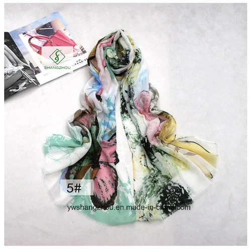 Fashion Lady Scarf with Butterfly Flower Printed Satin Shawl