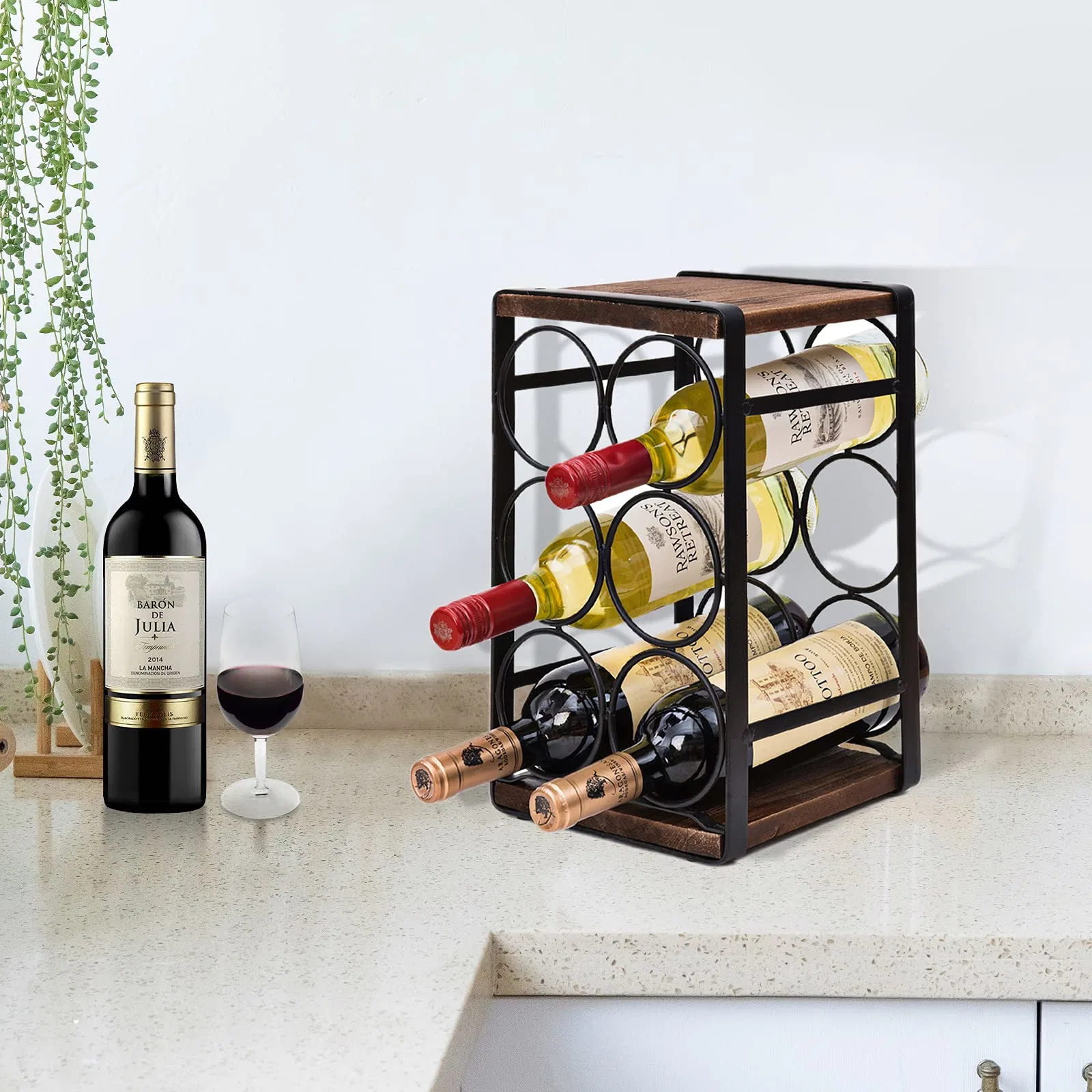 Rustic Wood Countertop Organizer 6 Bottles Display No Need Assembly Wine Rack