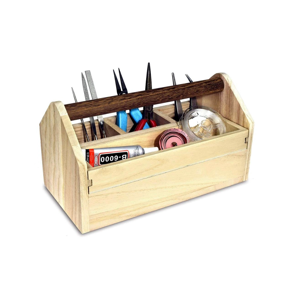Natural Wood Color Wooden Craft Tool Box with Handle