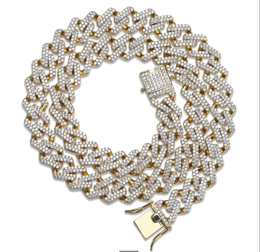 14mm Miami Prong Set Cuban Chains Necklace for Men Gold Silver Color Hip Hop Iced out Paved Bling CZ Rapper Necklace Jewelry