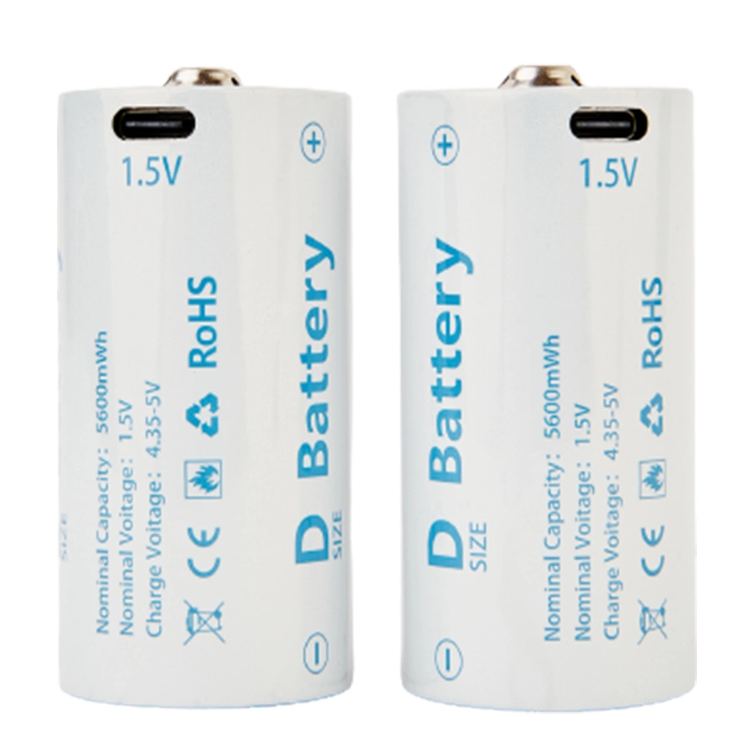 Batterie au lithium rechargeable de grande capacité de taille D 1,5V avec câble de chargement USB.