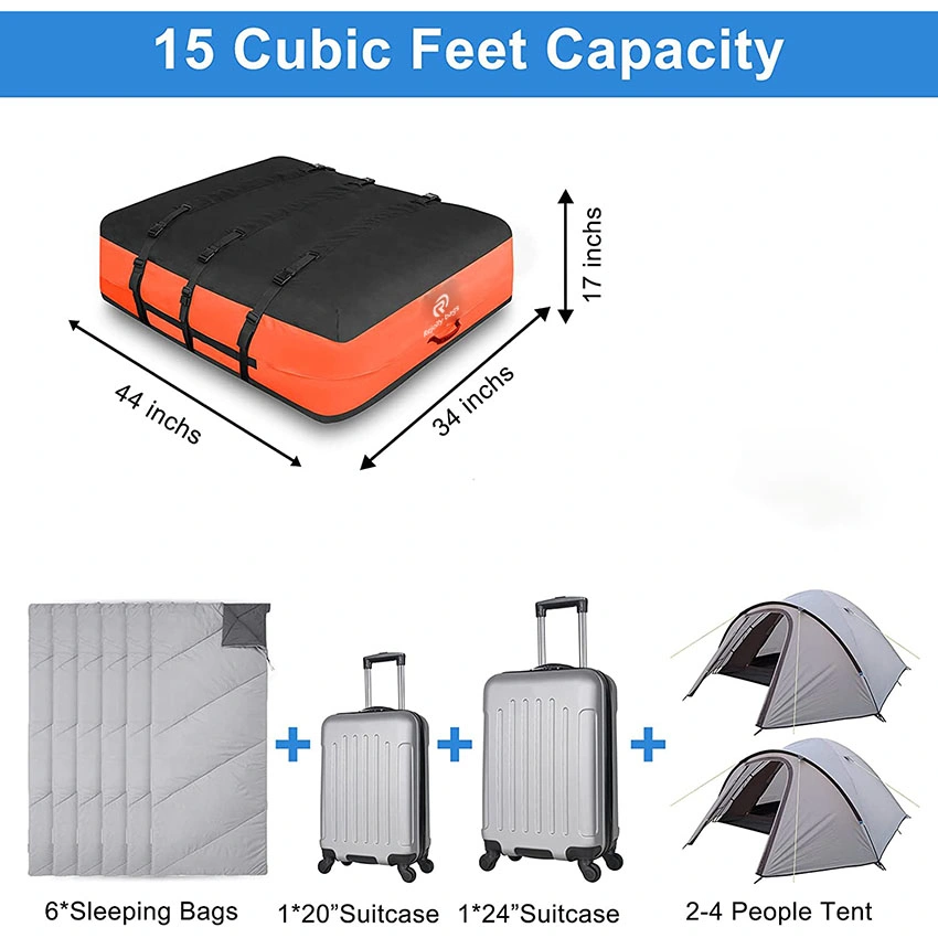 Rooftop Cargo Carrier Bag, 15 Cubic Feet, Made of Anti-Tear 900d PVC for All Vehicle with/Without Rack, Includes Anti-Slip Mat, 6 Door Hooks, Storage Bag