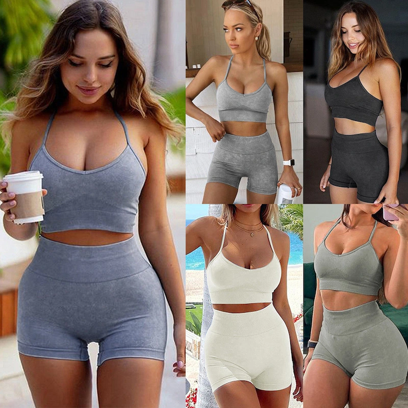 OEM/ODM Design 2/3/4/5 Piece Tiktok Trendy Vintage Seamless Ropa De Mujer Gym Wear for Women, High Elastic Athletic Top + Sports Shorts Workout Leggings Set