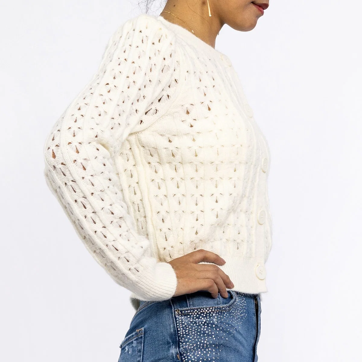 Women's Round Neck Hollow Crochet Knit Tops Shrug Shoulder Sweater White Cardigan