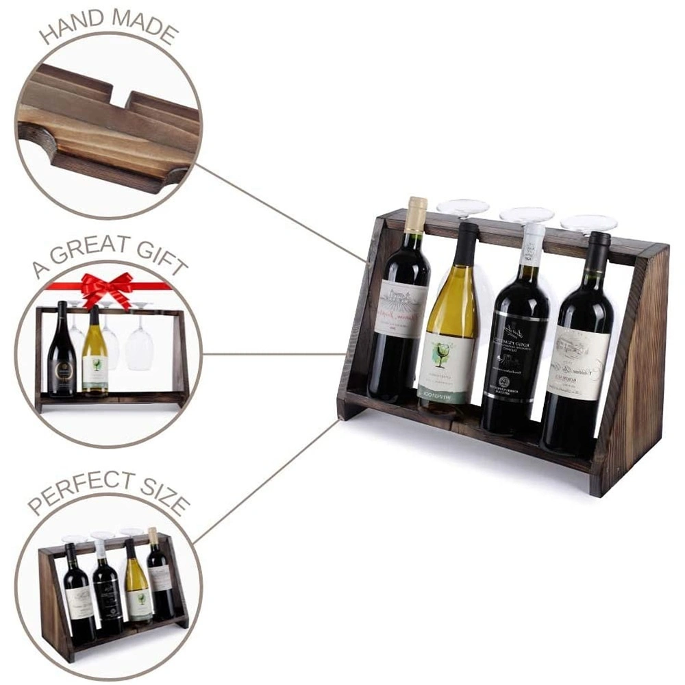 Wood Storage Rack Dining Room Torched Countertop Wine Bottle & Glass Holder