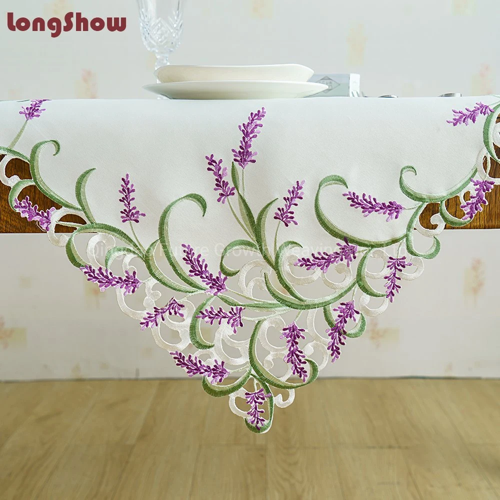 Wholesale/Supplier Decorative Cut Work Satin Lavender Flowers Patterns Square Table Cloth