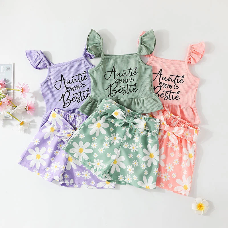 2022 Baby Girl Summer Suspender Set Flower Patternssuspender Vest + Shorts 2-Piece Set Girls Outfits Sets