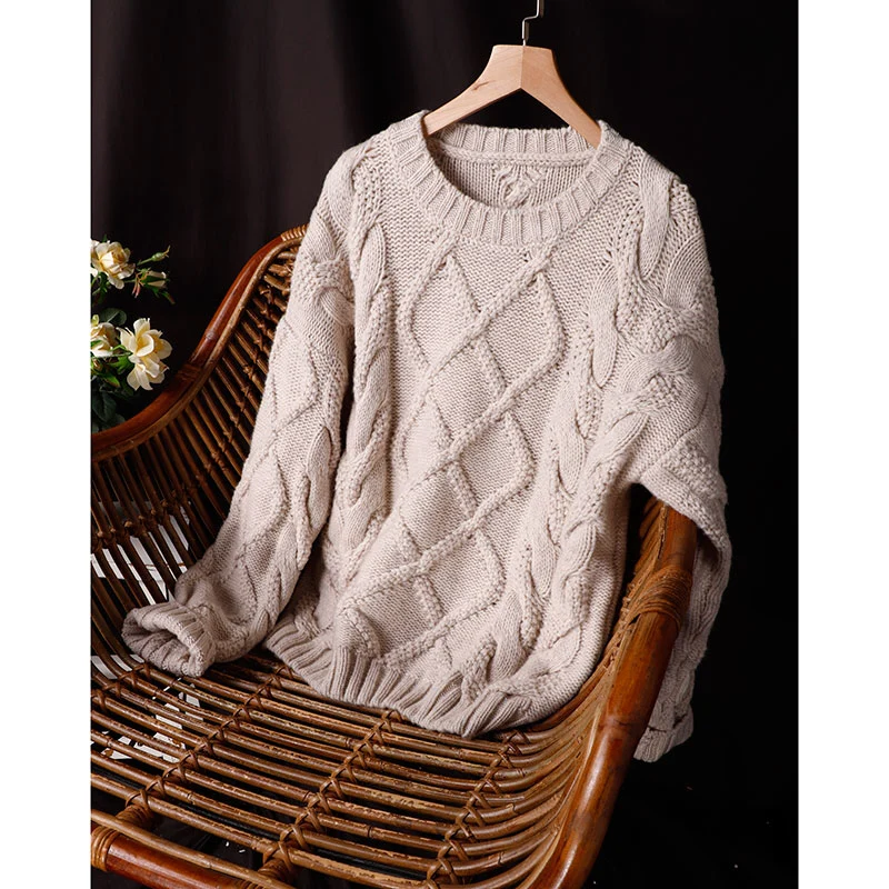 Basic Customization Ladies&prime; Jumper Pure Wool Cable Round Neck Knitted Style