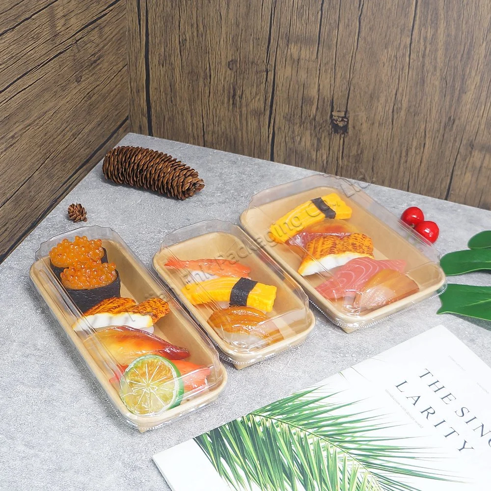 Disposable Paper Food Tray Biodegradable Eco Packaging Sushi Box Tray Pack Paper Party Plates Rectangular Clear Plastic Lid