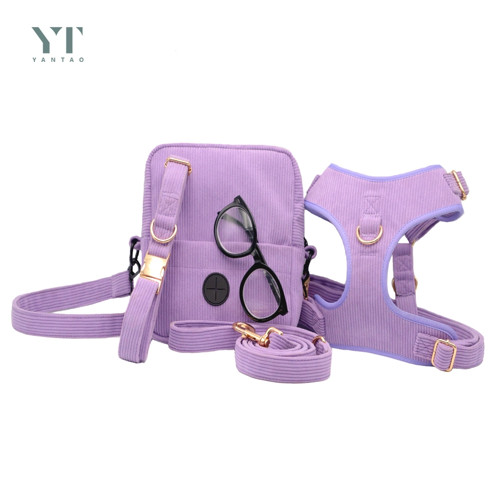 Luxury Custom High quality/High cost performance Purple Corduroy Pet Bag and Collar Set Padded Long Line Leads Dog Vest Carrier Dog Collar for Dogs