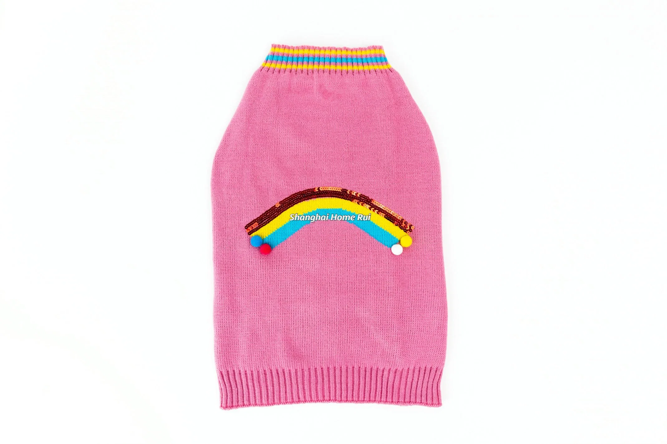 Winter Autumn Lovable Warm Acrylic Pink Soft Solid Plain Knitted Two-Legged Pompom Decoration Sequin Rainbow Pullover Dog Pet Sweater